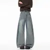 Jeans para hombre para otoño, lavado gris azulado desgastado, pierna ancha, corte holgado, con caída, estilo retro americano, pantalones largos de marca de moda para hombre