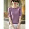 Camiseta de punto fino de manga corta transfronteriza para mujer, nuevo estilo primavera y otoño, cuello redondo, corte holgado, longitud corta, color liso, camiseta básica, top, manga corta