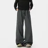 Calça de moletom cinza com fenda e perna larga para homens, cintura alta com costura diagonal, solta e fluida, calça casual de comprimento total com um toque relaxado de estilo de rua