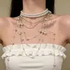 Colar Longo com Borla em Múltiplas Camadas de Pérolas Redondas Exquisitas para Mulheres, Fashionável e Elegante, Corrente de Clavícula de Alta Qualidade, Corrente de Pescoço Tendência