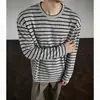 Camiseta de Manga Larga a Rayas Estilo Retro Americano Perezoso Transfronteriza para Hombre y Mujer Otoño Holgada Cuello Redondo Capa Base Top de Alta Calidad