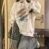 Moletom Redondo Estilo Coreano Preguiçoso Estampado Cartoon para Mulheres Outono e Inverno 2025 Novo Veludo Espessado Versátil Casual