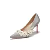Sapatos de salto alto stiletto com bico fino, florais, com contas e renda francesa feita à mão para mulheres