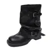 Botines de mujer 2026, estilo retro, con cinturón, diseño apilado, otoño, hebilla, tacón grueso, punta cuadrada, negro, nuevas botas de motociclista