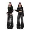 Jeans acampanados lavados con estampado de rayo estilo retro americano para mujer, pantalones versátiles de pierna recta de cintura alta de pierna ancha acampanados para primavera y otoño