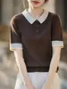 Elegante blusa de tricô com gola polo color block de manga curta para mulheres, novo modelo 2026, camiseta fina de tricô de lã