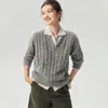 Estilo casual, suéter de terciopelo con cuello en V y tejido trenzado, para mujer, simple, de color liso, corte holgado, manga larga, top de punto versátil