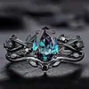 Nuevo Par de Anillos de Moda Temu Transfronterizo de Sanjie Negro Pistola Incrustado con Anillo de Diamante Azul Marino Joyería de Compromiso Europea y Americana Ins para Mujeres