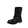 Botas estilo Martin de cuero de plena flor de alta calidad con hebilla ajustable de remache, colección otoño/invierno 2026, tacón medio grueso, punta redonda, botines de cuero genuino para mujer