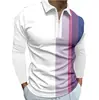 Nova camisa polo casual confortável de primavera e outono, com estampa 3D, manga longa, zíper, listrada, gola padre, camisa polo para atividades ao ar livre