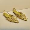 Sandalias planas para mujer de estilo francés vintage exquisitas tridimensionales hechas a mano con lazo de satén amarillo de mediados de siglo con espalda abierta y punta cerrada