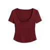 Top de Manga Curta com Decote U Grande em Tencel, Novo Estilo de Verão, Slim Fit, Comprimento Curto, Cintura Alta, Barra Curva, Camiseta Básica