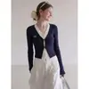 Nuevo top de otoño para mujer, corte ajustado, manga larga, con diseño de imitación de dos piezas, colores contrastantes, en azul marino