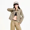 Traje de mezclilla transfronterizo, chaqueta para mujer, ligeramente acampanada, estilo retro americano, chaqueta caqui, pantalones largos color café y marrón, longitud extendida color café y marrón