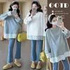 Camiseta de Maternidad en Stock Nueva de Primavera Manga Larga Estilo Coreano Encaje Patchwork Camisa Base para Todas las Estaciones Top Versátil de Maternidad