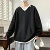 Sudadera con Capucha de Manga Larga, Cuello en V, Rayas, Falso Dos Piezas para Hombre, Primavera y Otoño, Talla Grande, Estilo Perezoso Holgado, Top Versátil Atractivo