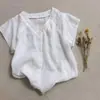 Camisa de Mujer Cuello en V Estilo Francés 2026 Verano Casual para el Trabajo Elegante Plisada de Manga Corta Holgada Adelgazante Blusa Top