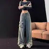 Jeans de trabalho estilo americano High Street para mulheres, nova coleção primavera/outono 2026, design retro de perna reta com bolsos tridimensionais, calças largas soltas