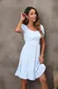Vestido curto casual estampado com mangas bufantes e gola quadrada de cintura alta com babados, estilo AliExpress Amazon europeu e americano