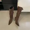 Botas largas de punta fina, tacón delgado, efecto adelgazante para mujer, nuevo estilo 2026, con diseño fruncido, hebilla de cinturón y tacón alto, botas de caña alta, botas adelgazantes