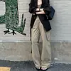 Calça de trabalho estilo americano com bolso lateral, perna larga, longa, feminina, verão, cintura alta, com pregas na frente, corte solto, fluida, casual, cinza, perna reta