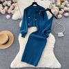 Vestido de suéter de punto de dos piezas nuevo de otoño, elegante suéter corto con cuello redondo y cuentas, chaleco de punto en la cintura 1