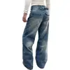 Calça Jeans Reta com Rebites Quadrados Estilo Retro Americano, Design Único High-Street, Calça Reta de Comprimento Total com Efeito Desgastado e Bigodes