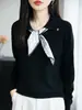 Suéter de Tricô com Gola Polo e Design de Lenço de Fita Estilo Francês para Mulheres, Suéter Elegante com Gola Reversível, Novo Modelo 2026 Peça de Roupa Exterior