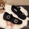 Versão Pele de Ovelha! Sapatos Mary Jane com Strass Francês para Mulheres, Sapatilhas de Bico Quadrado com Pelúcia, Sapatilhas Quentes de Algodão