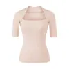 Camiseta Retro Europea y Americana Sexy de Falso Dos Piezas, Hombros Descubiertos, Cuello Cuadrado, Manga Corta, Corte Ajustado, Color Sólido, Top Base que Muestra la Cintura