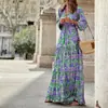 Roupas Femininas Europeias e Americanas Independentes Transfronteiriças Novo Estilo Primavera 2026 Elegante Decote em V Estampa Boêmia Vestido Flare