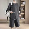 Conjunto de dos piezas de camiseta deportiva de manga corta desgastada de talla extra grande para hombre, conjunto de verano holgado fresco y moderno