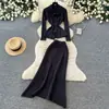 Conjunto de tricô vermelho de comércio exterior para mulheres, look de outono, top com gravata borboleta, saia sereia de cintura alta, conjunto de duas peças, estilo de alta qualidade