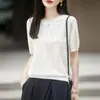 Camiseta de Tricô Amarela Jacquard Francês de Manga Curta para Mulheres Verão Fina Camisa de Tricô Tencel Tamanho Grande Casual Top de Meia Manga