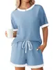 Ropa de Mujer Transfronteriza Europea y Americana Verano 2026 Nuevo Moda Amazon Color Sólido Canalé Bloque de Color Manga Corta Conjunto de Ropa para Estar en Casa