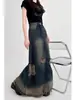 Vestido de mezclilla desgastado con agujeros, rozaduras, estilo retro antiguo para mujer, primavera y verano, nuevo 2025, cintura alta, adelgazante, falda de línea A.