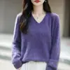 Suéter de Tricô Pequeno Gola V em Lã Cashmere Outono/Inverno 2026 Manga Longa Cor Sólida Top em Lã Macia Escovada