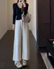 Usa piernas largas~ pantalones casuales de chándal de pierna ancha recta de cintura alta con dobladillo deshilachado de moda para mujer nuevo estilo H090810