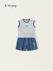 Roupa Infantil Yubao Roupa de Verão para Meninos Terno Simples Gola Redonda Regata Sem Mangas Cor Sólida Casual Shorts com Letras Conjunto de Duas Peças