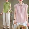 Foto Real de Camisas de Manga Curta de Cor Sólida para Reduzir a Idade para Mulheres, Camisas Casuais Artísticas em Algodão e Linho Estilo Japonês, Tops Estilo Preguiçoso