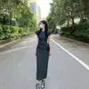 Vestido Gris de Cuello Redondo para Mujer Verano Nuevo Cintura Adelgazante Dulce Chica Picante Rodilla Arriba Falda de Longitud Media Pura Cadera