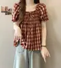 Camisa de cuadros vintage para mujer talla grande, cuello cuadrado, manga abullonada, estilo nicho, top de verano estilo francés, adelgazante, dulce y juvenil