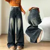 Calça jeans solta, levemente flare, para mulheres, nova coleção de outono, apresentando um design retro americano, acabamento lavado e desgastado, e um estilo de cintura alta e perna larga.