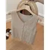 Colete de Tricô Gola V Cor Café Estilo Old Money para Mulheres Roupa de Verão Fina Único Bonito Versátil Sem Mangas