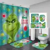 Juego de cortina de ducha impermeable con temática de Grinch, incluye cuatro piezas: cortina de ducha de poliéster, juego de baño impermeable y resistente al moho, y alfombrilla de baño