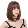 Peruca de moda europeia e americana para mulheres, franja reta castanha, cabelo curto liso, bobo bobo, peruca de cabelo curto, touca