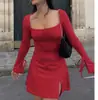 Vestido Feminino Outono Novo Verão Estilo Ins Europeu e Americano Cruzado Gola Quadrada Manga Longa Slim Fit Fenda no Quadril Estilo Francês