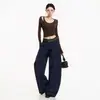 Pantalones casuales para mujer, pantalones de pierna curva, pantalones largos retro fluidos de moda, pantalones largos de lunares azules, pantalones largos extendidos de paracaidista de lunares azules