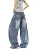 Calça Jeans Scimitar Bordada Estrela de Dopamina para Mulheres e Homens, Calça Wide-Leg Vintage Desgastada de Primavera, Calça Casual Solta Versátil