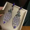 Pendientes de Pavo Real con Diamantes de Colores Color Retro Lujo Ligero Pendientes de Pin Plateados Impresionantes Diseño Exagerado de Nicho Elegantes Elegantes Mujeres